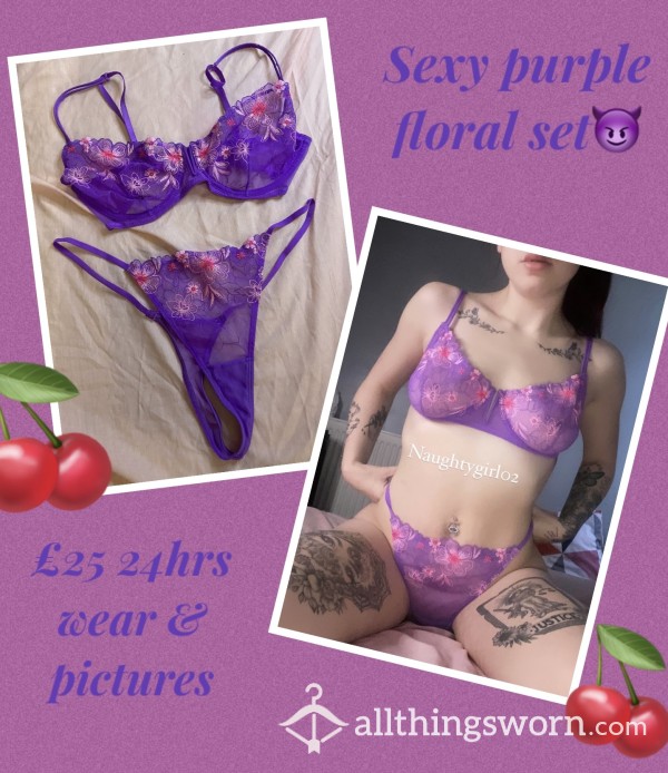 S**y Purple Flor*l Set😈|24hrs Wear & Proof Of Wear Pics🌸