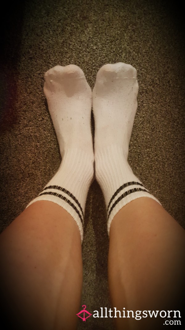 Well Worn White Socks With Black Stripes Worn By Goddess 👣😈