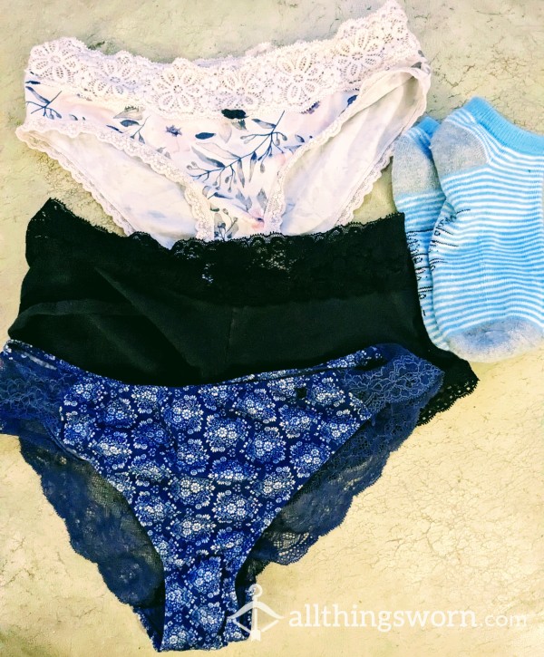 🍒3 Pairs Well Worn Silky Lacey Panties & One Pair Stinkysocks