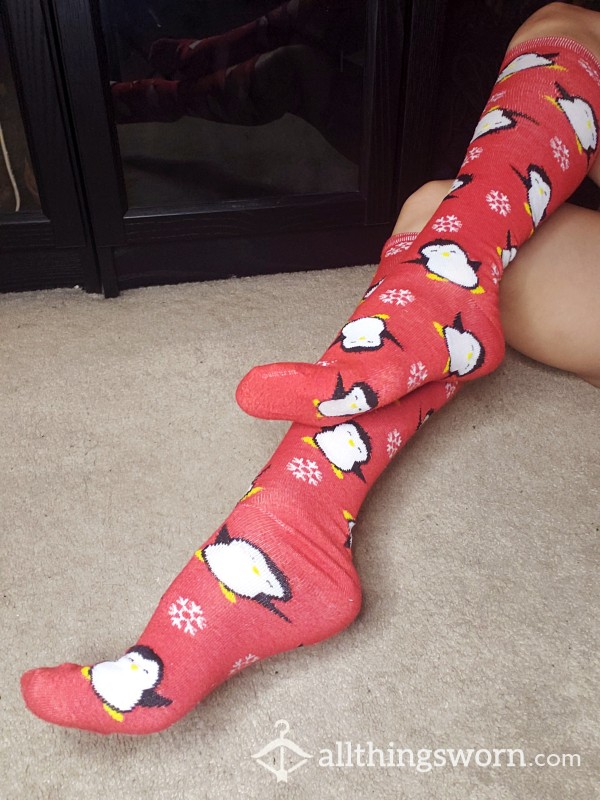 Adorable Baby Penguins Animall Print Red Socks Long Tall Knee High Socks On Japanese Pet*te Feet