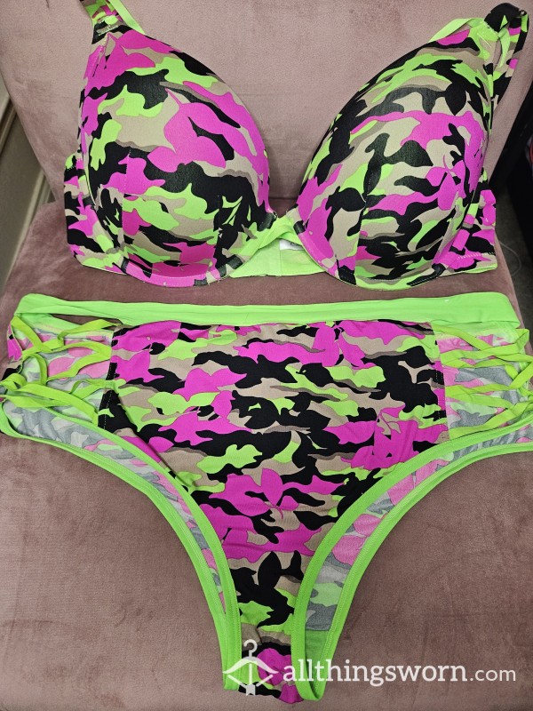 BBW MILF Bright Camo Bra And Panty Set Plus 24 Hr Wear And 2 Min Video