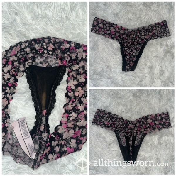 Victoria Secret Black And Pink Flor*l Thong