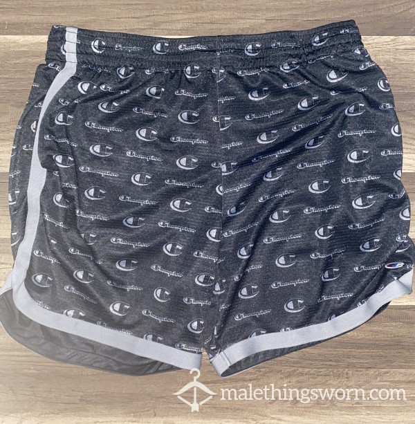 Black Champion Basketball Shorts Covered With Champion Logos