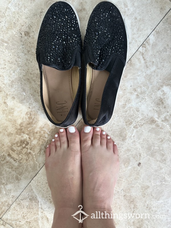 Black Closed Toe Rhinestone Slip On Shoes