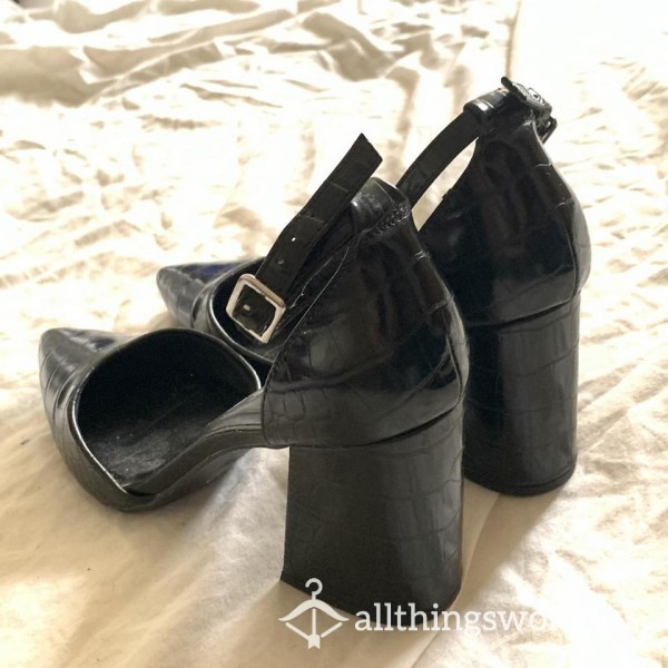 Black Croc Leather Block Heels