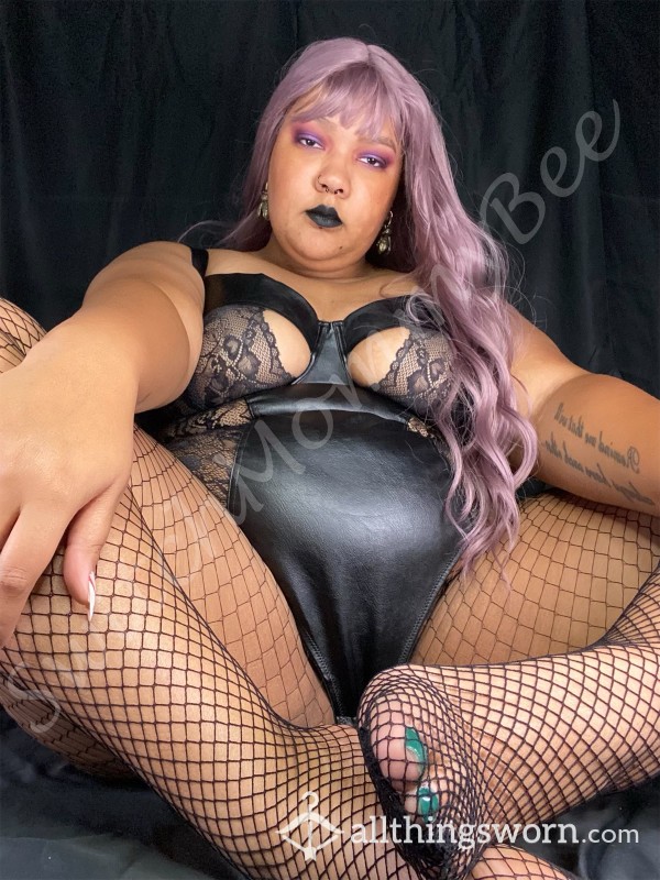 Black Faux Leather And Lace Bodysuit T*tty Tease 📸 9 Pics