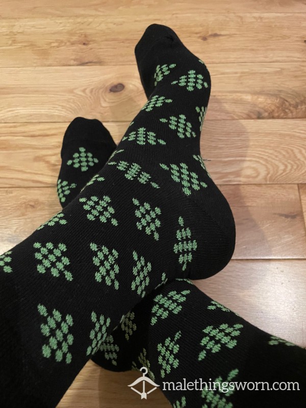 Black & Green Dress Socks With Green Spot Pattern, You Want To Sniff?