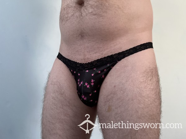 Black Lace & Flower Thong Worn