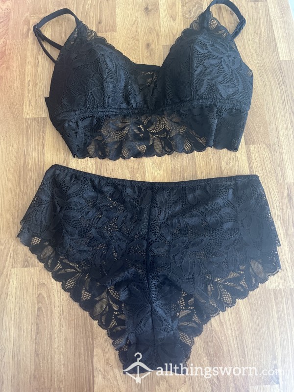 Black Lace Padded Bralette And Matching Lace Brazilian Knickers