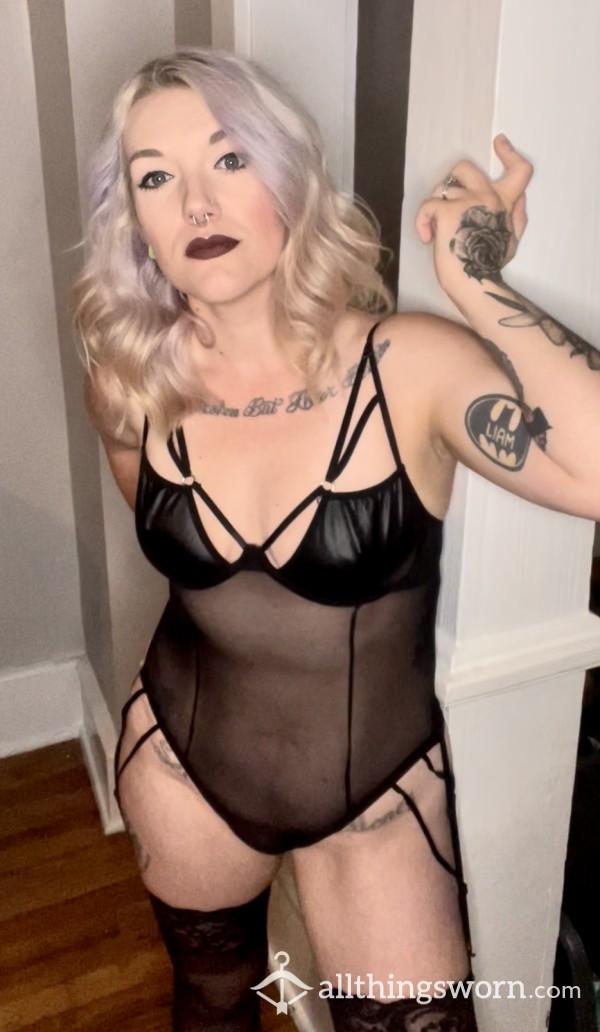 Black Mesh Body Suit With Garter Hooks