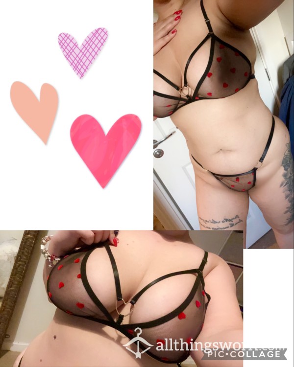 SALE! 💋 Black Mesh Lingerie Set With Cute Red Hearts ❤️ And Heart Metal Detail 😜