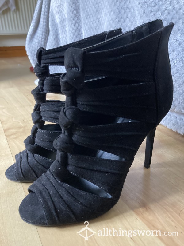 Black P**p Toe Cut-out Stiletto Heel Ankle Boots, UK 4