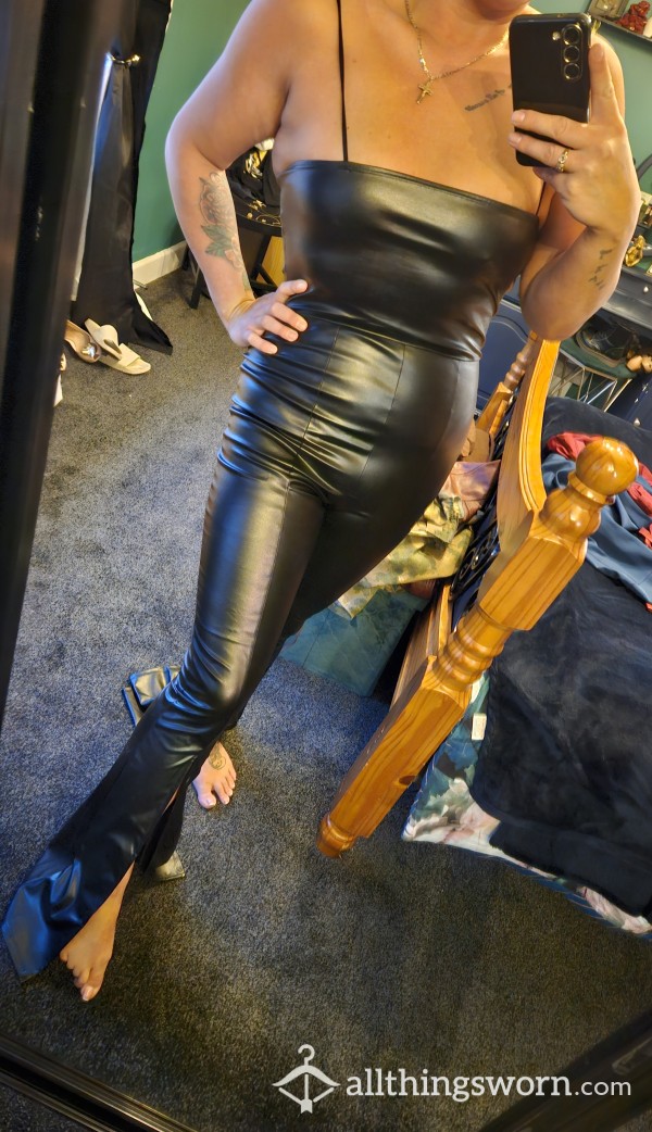 Black PVC Full Length Jumpsuit With Split Calfs