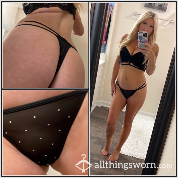 Black Rhinestone Thong