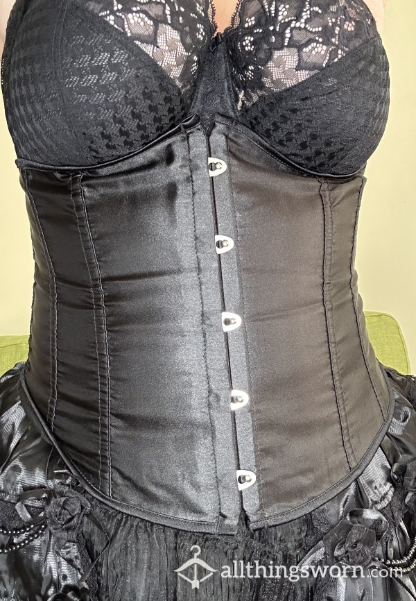 Black Satin Lace Up Underbust Corset. Size XL UK16-18