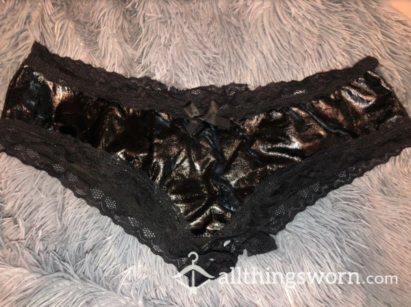 Black S**y Faux Leather Crotchless Panties