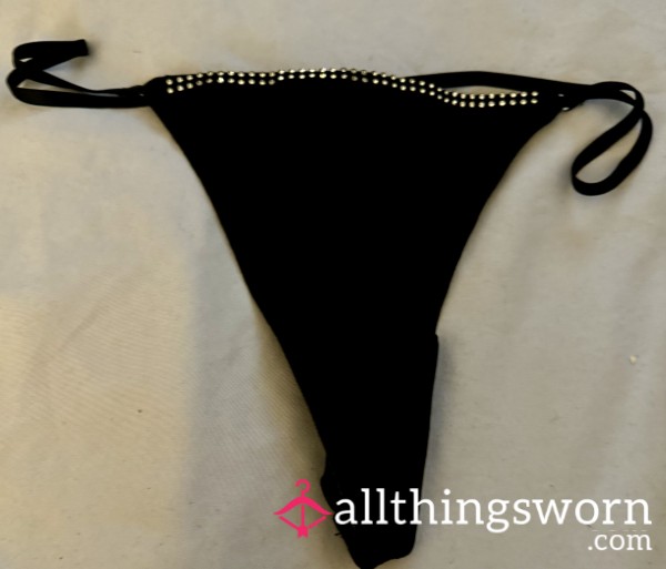 Black Shiny Diamante Trim String Thong