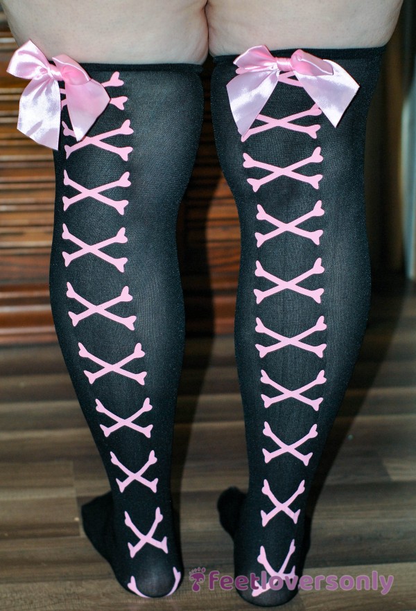 Black Stockings With Pink Bows And Pink Crossbones