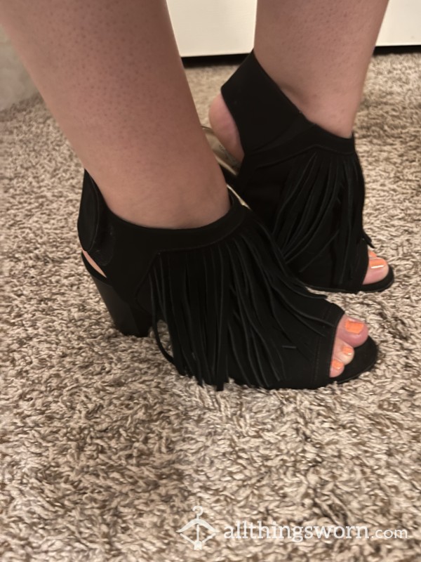 Black Suede Fringe Heels