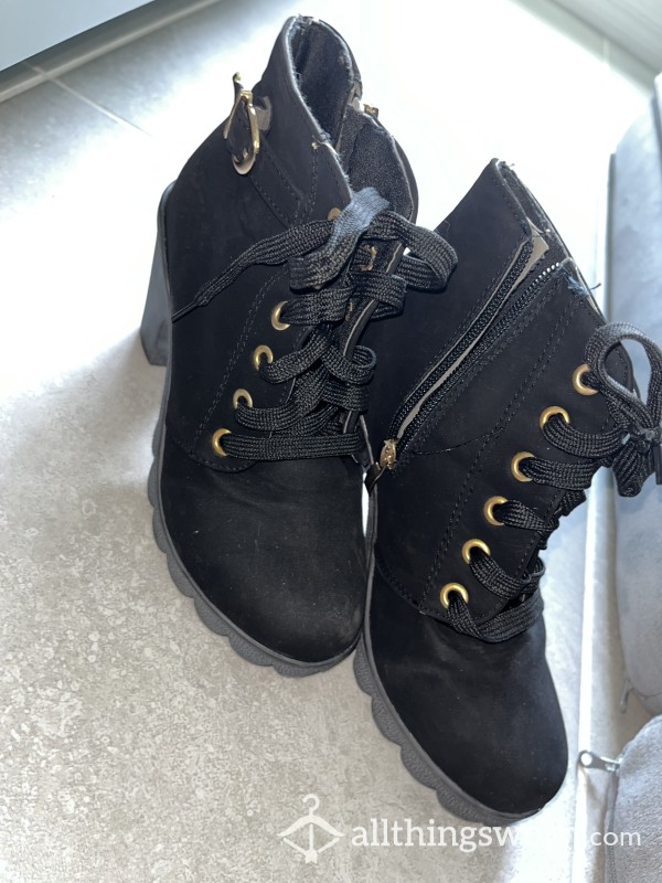 Black Velvet Bootie Heels With The Gold Buckle Size 36