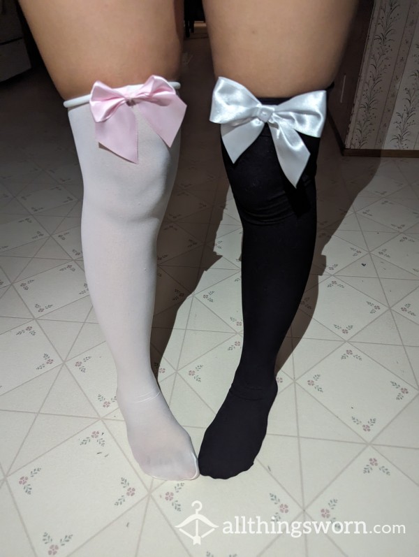 Black/White Bow Thigh High Set