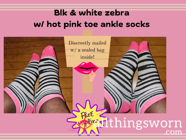 Blk & White Zebra W/ Hot Pink Toe Ankle Socks 3 Day Wear -S&H Included