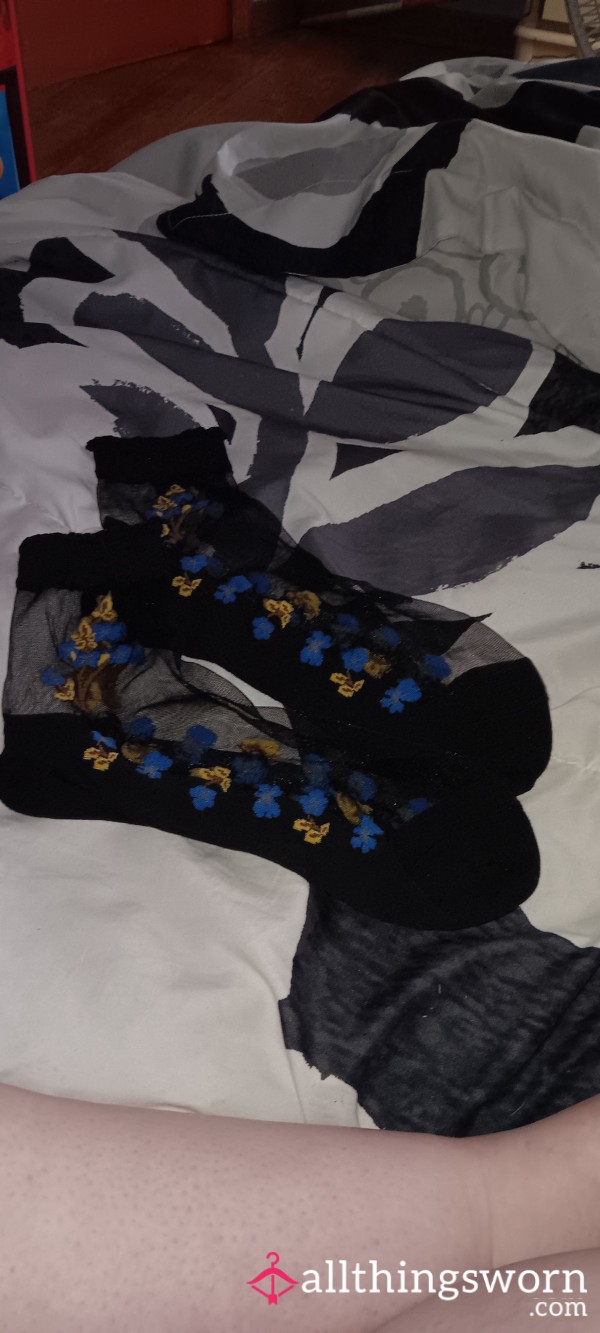 Blue, Black & Yellow Flor*l Nylon-Hose Socks