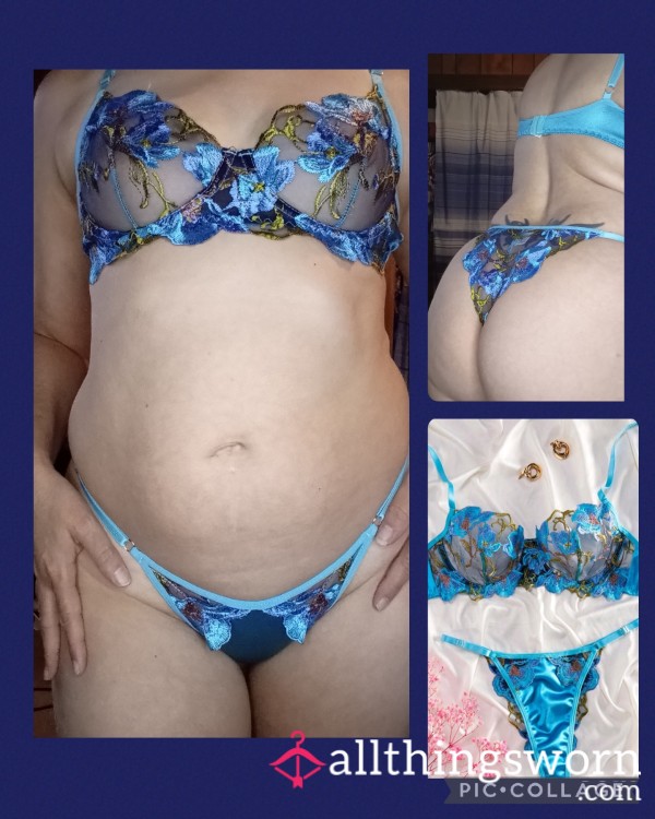 Blue Lace Embroidery Lingerie Set