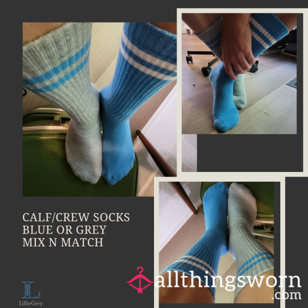 🧦 Blue Or Grey Thick, Super Soft, Crew Socks ~ Worn To Your Liking