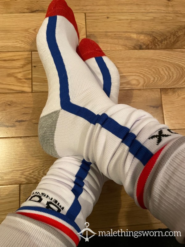 SOLD - Box Menswear Retro White Soccer Football Long Sports Socks With Red & Blue Stripes