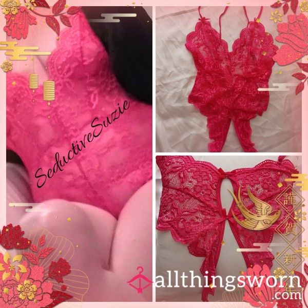 Bright Cor*l Crotchless Lace Lingerie Teddy