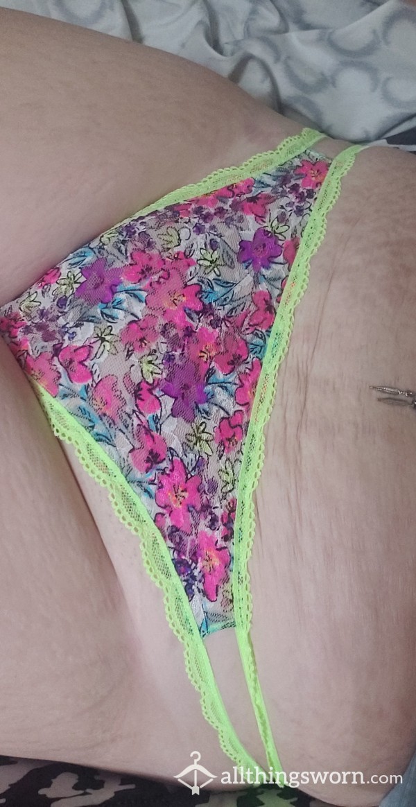 Bright Yellow Flor*l Lace Thong