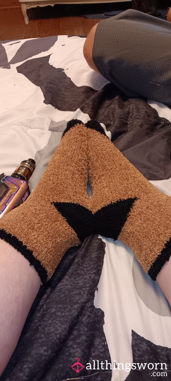 Brown And Black Fuzzy Crew Socks W/ Bottom Grips