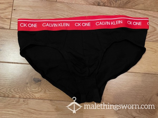 Calvin Klein CK ONE Tight Fitting Black Low Rise Hip Briefs With Red Logo Waistband (M)