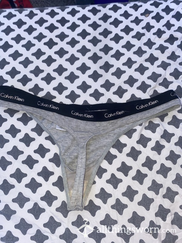 Calvin Klein Thong, Well-Worn, Size S, Black Waistband, Grey Fabric