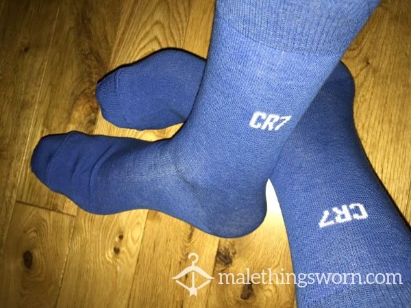 Cristiano Ronaldo CR7 Blue Dress Socks, White Logo. You Want To Sniff?