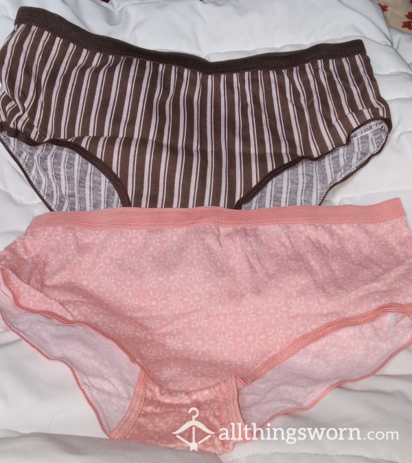 Cute-patterned Briefs, Size Small.  Peach And Brown Stripes; Cor*l/peach Retro Flowers