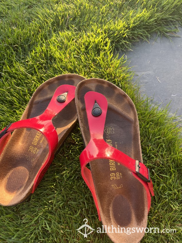 Dirty Red Thong Birkenstocks