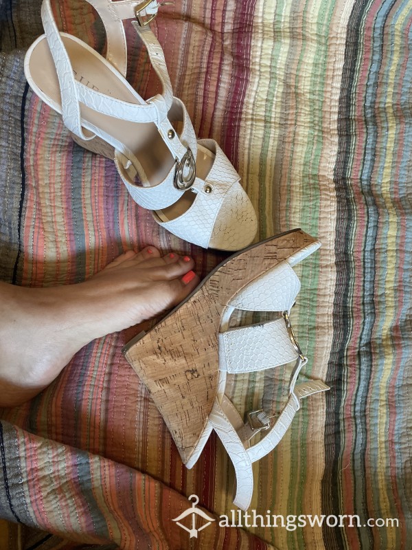 Dirty, Stinky White Wedge Platform Heels, Size 8