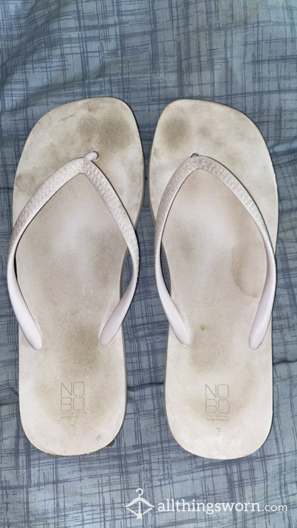 Dirty White Sparkly Flip Flops