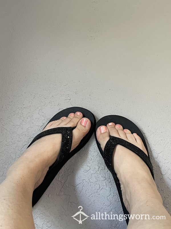 Fancy Flip-flops, Black Diamonds, Cute. Stinky Smelly, Worn In Size 8.5.