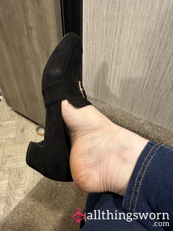 Flat Black Shoes With Gold Buckle Trim. Custom Video Included.