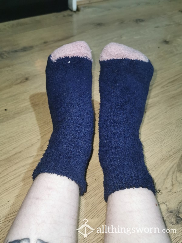 Fluffy Dirty, Sweaty Blue And Pink Socks On Pet*te Size 4 Feet