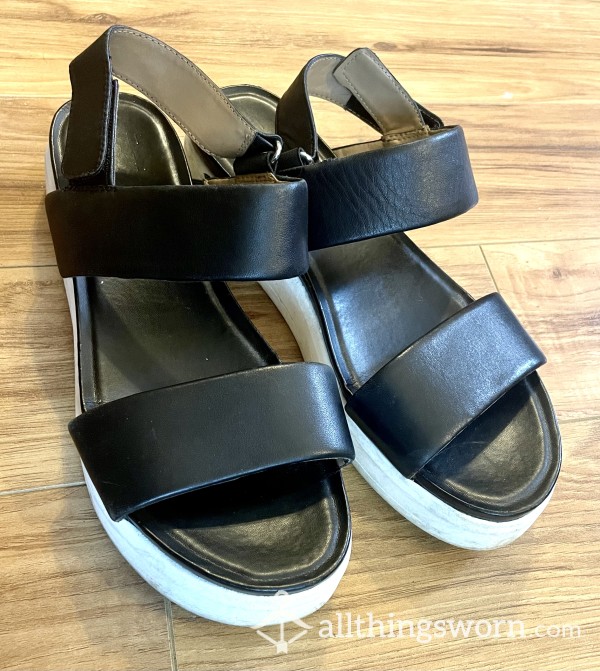 Well Worn Black Leather Platform Wedge Sandals