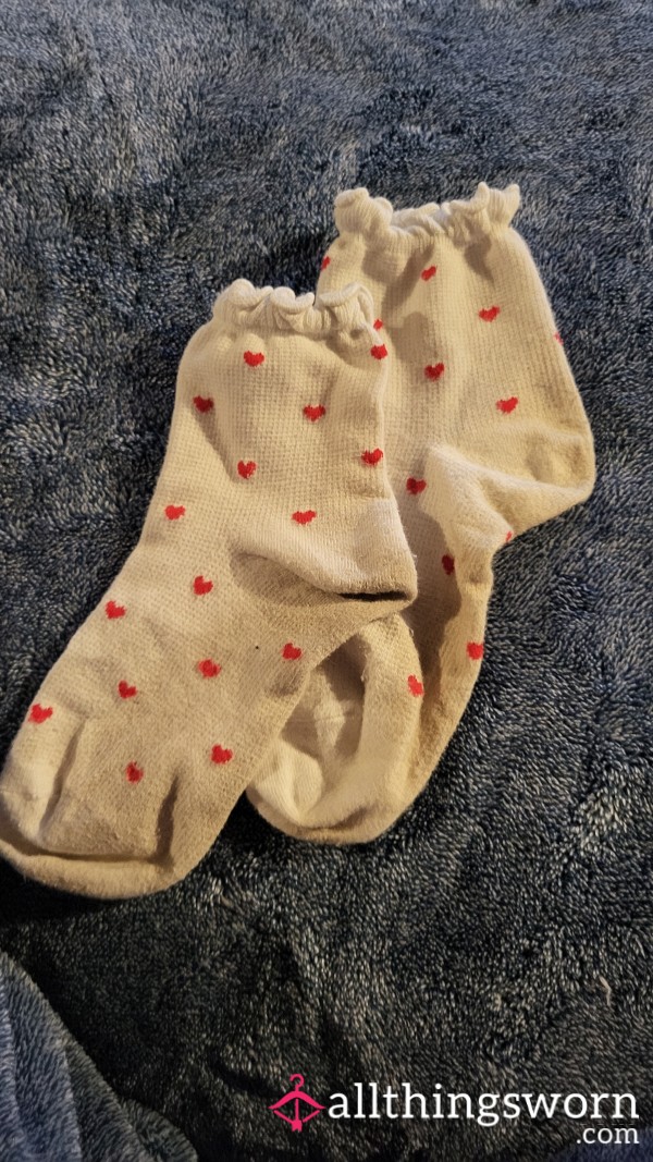 Old Worn Frilly White Socks With Red Hearts - 1 Save