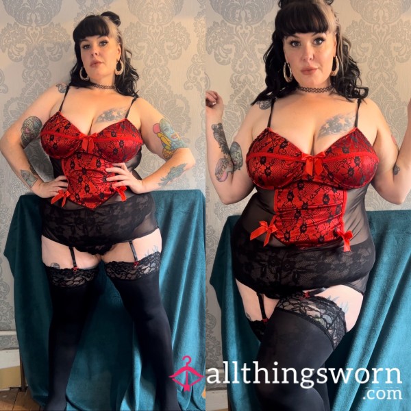 F**king S**y Bbw Red Lingerie With Stockings And Suspender