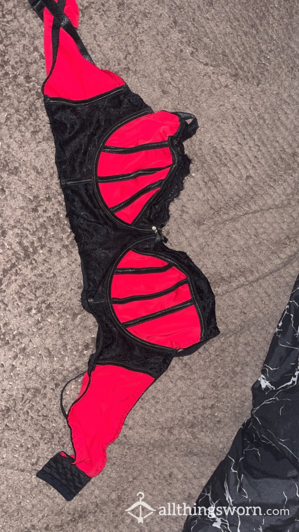 Gorgeous Red And Black Bra Worn