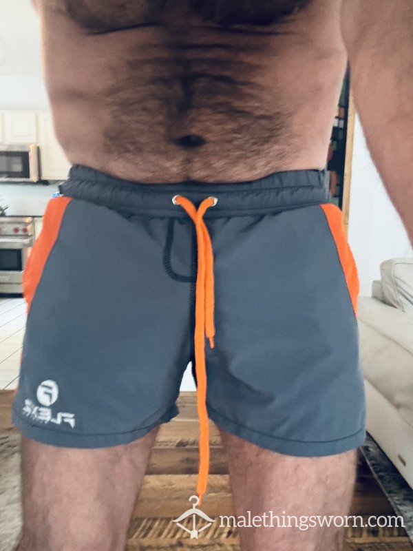 WET N’ WILD! Gray/Orange Gym Shorts - CUT OUT LINING🍆