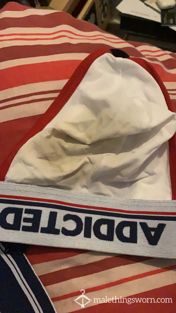 Heavily Worn And Prec*m Stained White Addicted Jock, Unwashed