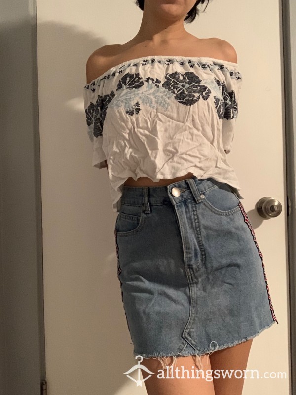 High Waisted Jean Skirt + White Flor*l Open Shoulder Top